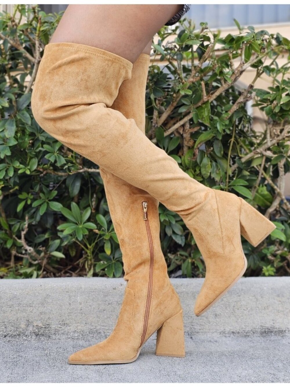 Women's Tan Over The Knee pointed Chunky Block Heel Boots